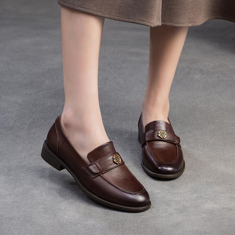 Johnature Однотонные лоферы в стиле ретро, универсальные женские туфли из натуральной кожи на низком каблуке без застежек
