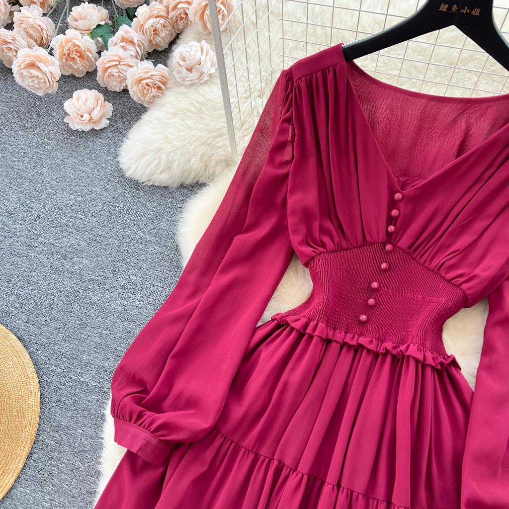 Женское элегантное винтажное шифоновое длинное платье с v-образным вырезом и длинными рукавами, повседневные французские плиссированные тонкие платья трапециевидной формы