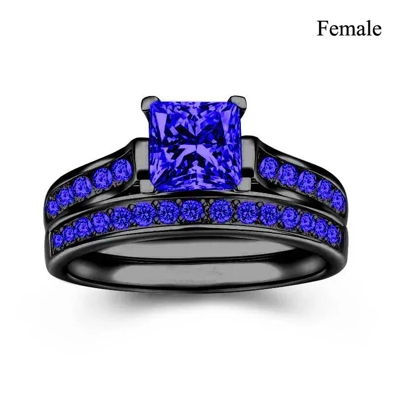 Fashion Couple Rings Romantic Women Blue Rhinestones CZ Rings Set Trendy Men Stainless Steel Rings Wedding Band Jewelry Gifts