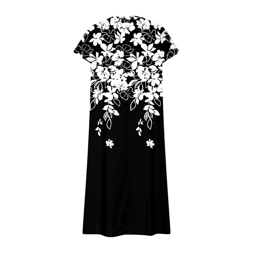 Women's Summer V-Neck Short Sleeve Cotton Linen Gradient Printed Loose Beach Dresses