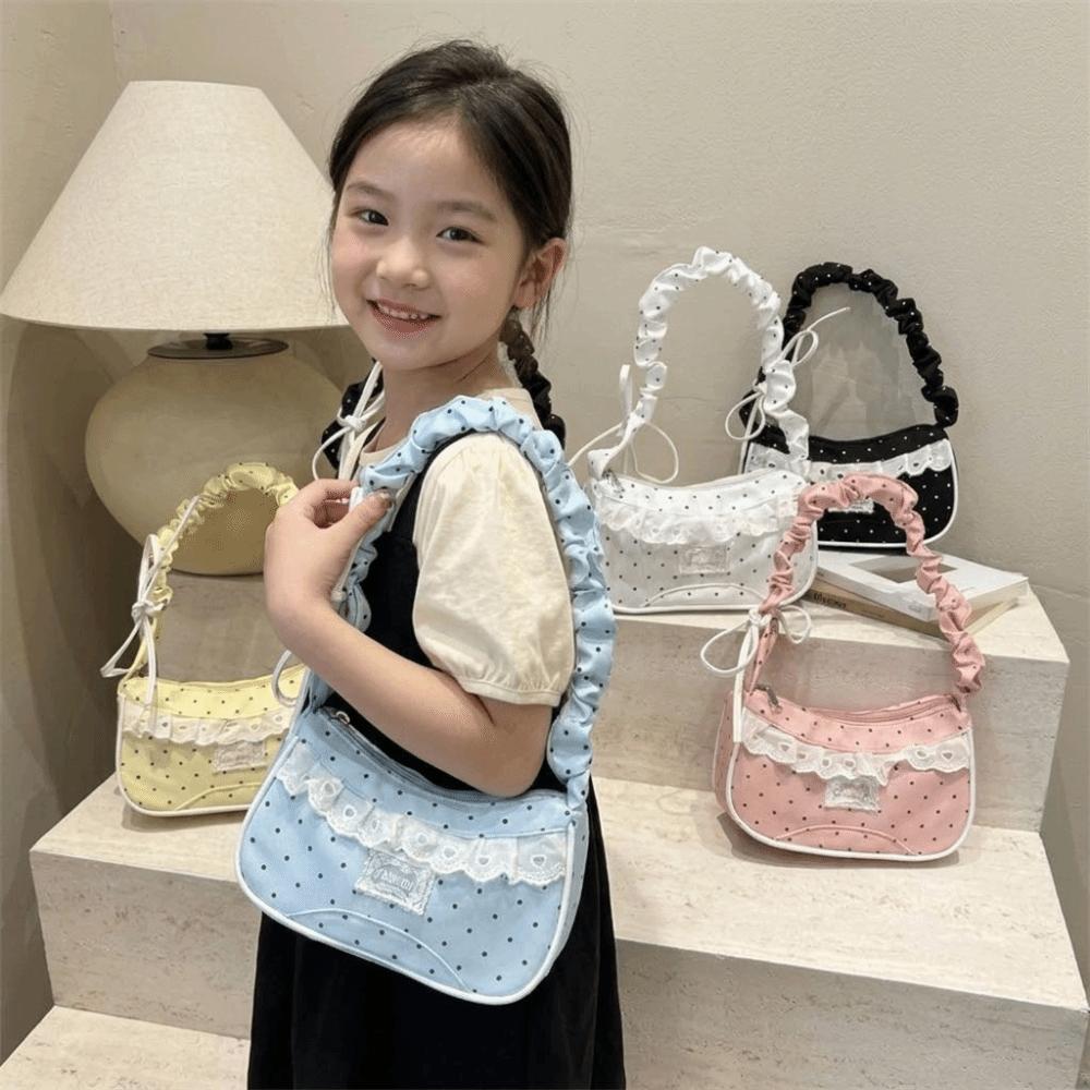 Lace Polka Dot Shoulder Bag Drawstring French Stick Handbag Y2K Pleated Underarm Bag Travel