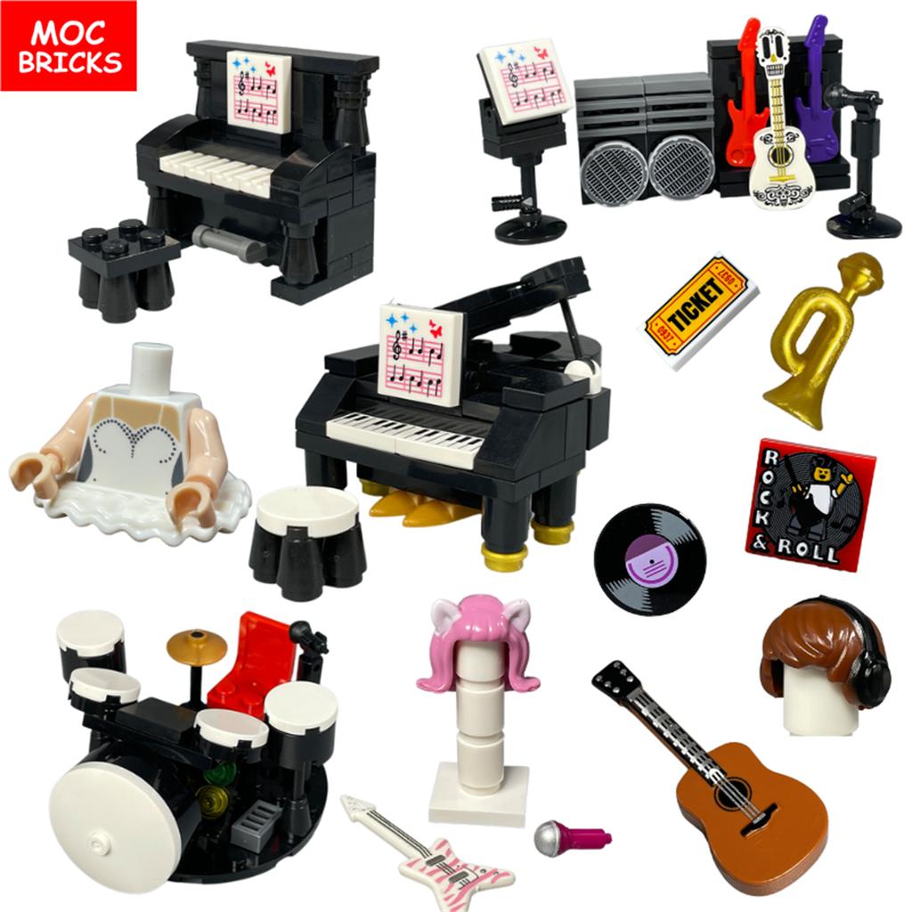 MOC Bricks Suona Horn Music Score Singer Saxophone Bass Figure Musical Instruments Educatinal Building Blocks Kids Girls Toys