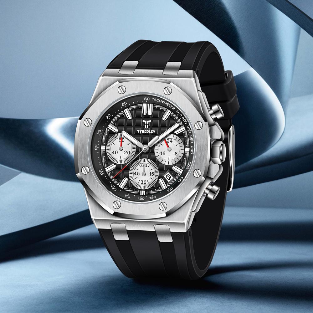 New TYBERLEY Luxury Men's Quartz Watch Sports Chronograph Luminous Waterproof Fashion Watch Men Silicone Grid Literal +BOX