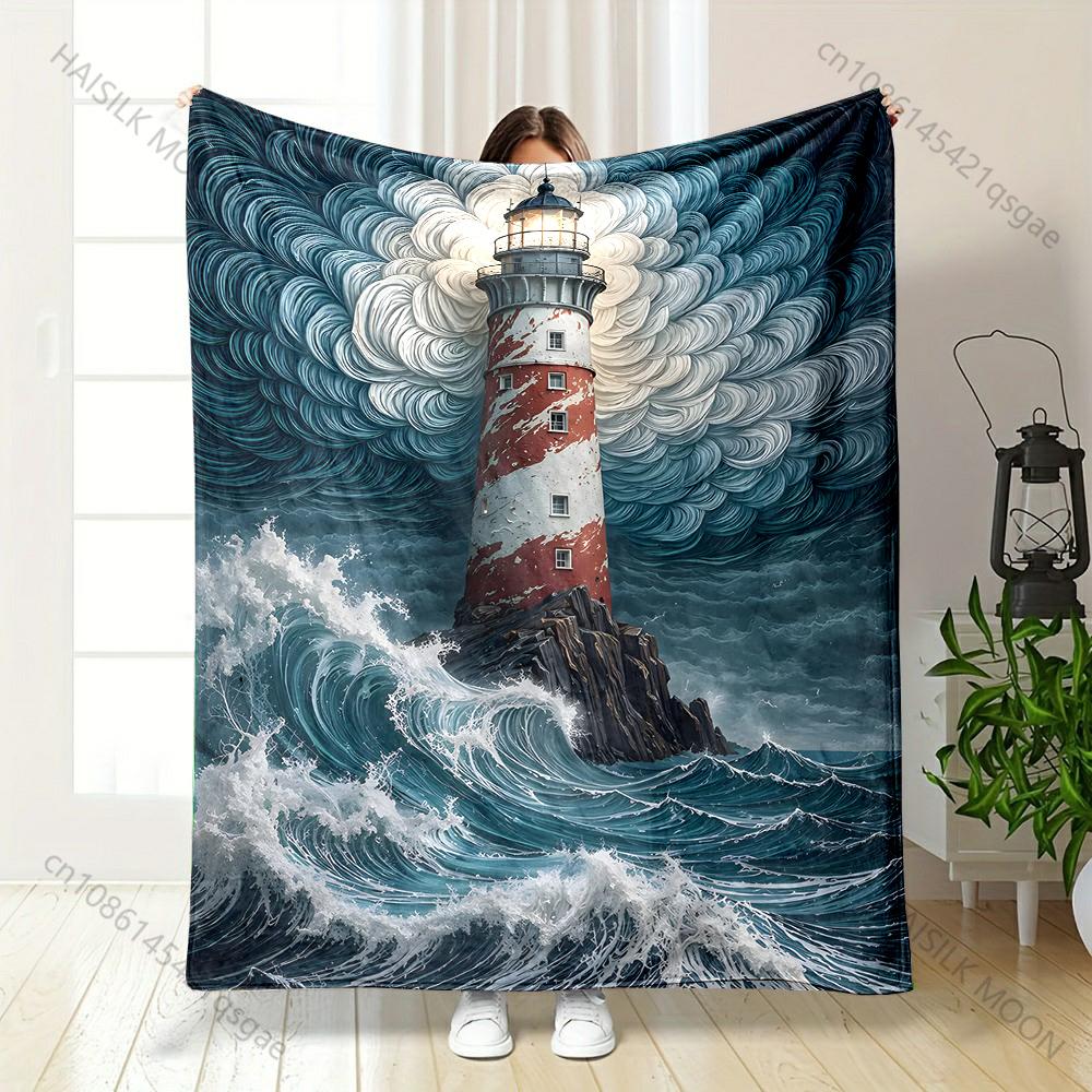 Lighthouse on rocks stormy waves swirling Print Blanket Warm Soft Fluffy Kids and Adult Sofa Bed Throw Outdoor Travel Camping