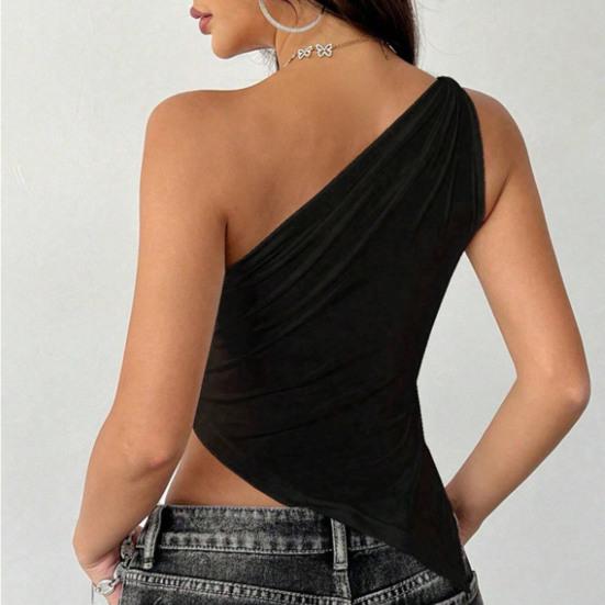 Women Tops Irregular Hem Elastic Slanted Collar One-Shoulder Slim Fit Solid Color Summer Tops