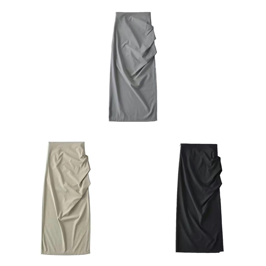 Cotton Blend High Waist Pleated Split Midi Skirt For Women Spring Summer
