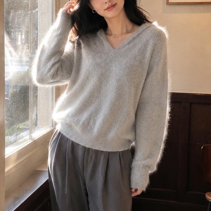 Women's Solid Color Hooded Cashmere Wool Knit Sweater - Long Sleeve Base Layer for Autumn & Winter