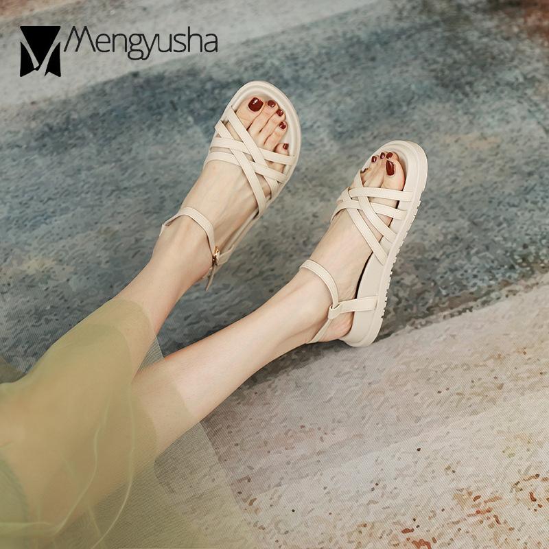 Модные летние сандалии с перекрестными ремешками, женские гладиаторские туфли, студенческие сандалии на платформе-маффине, женские шлепанцы с ремешком на пряжке, кожаные сандалии