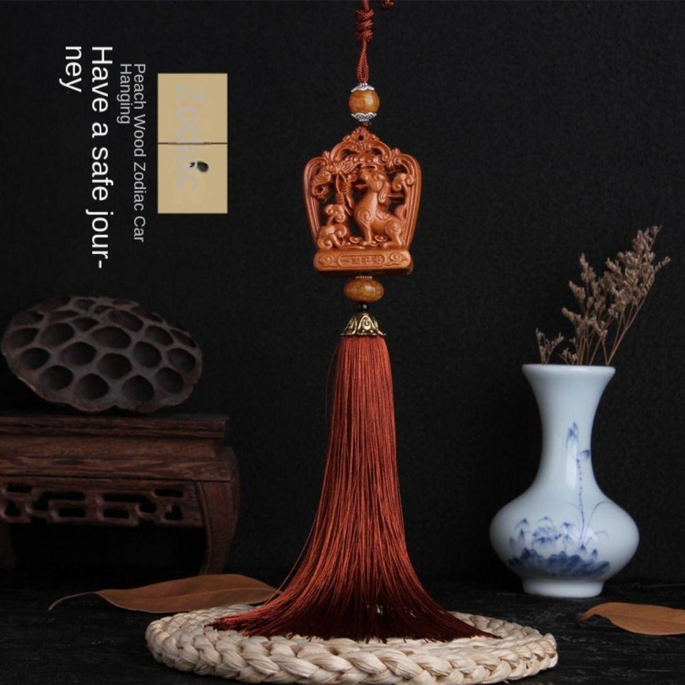 12 Zodiac Entering Safety Pendant Tassels Rearview Mirror Hanger Peach Wood Pendant  Women