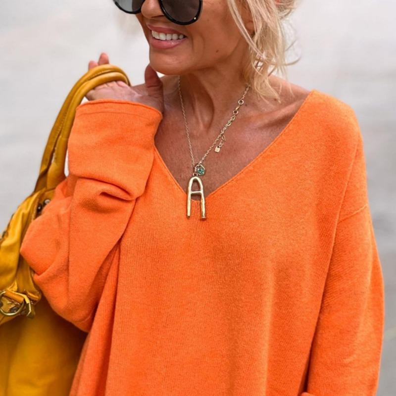 Women's Pullover Solid Color V-Neck Long Sleeve Loose Casual Comfortable Long Sleeve Knit Sweater