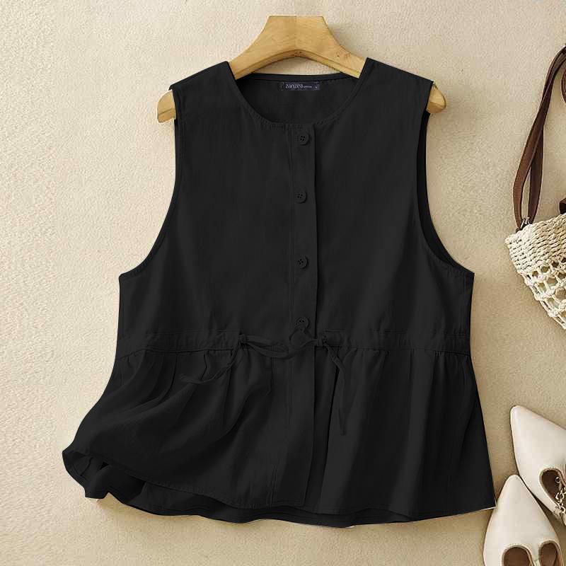 ZANZEA Женские летние рубашки с круглым вырезом без рукавов на завязках