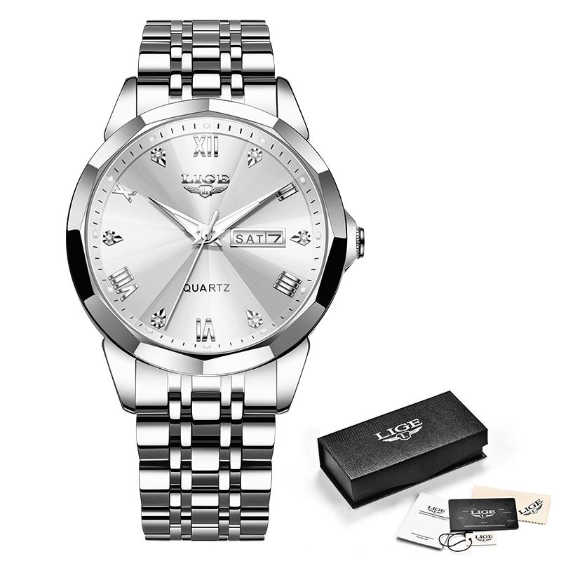 LIGE Новые мужские модные часы, роскошные деловые кварцевые часы из нержавеющей стали, водонепроницаемые часы, ночное свечение, дата, хронометр, часы