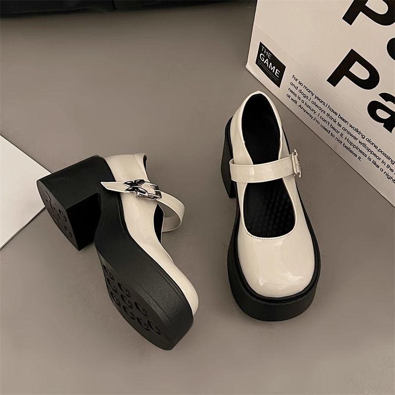 Черные туфли на толстом каблуке и платформе из кожи, женские весенние туфли Мэри Джейн с французским эффектом, короткие туфли на высоком каблуке