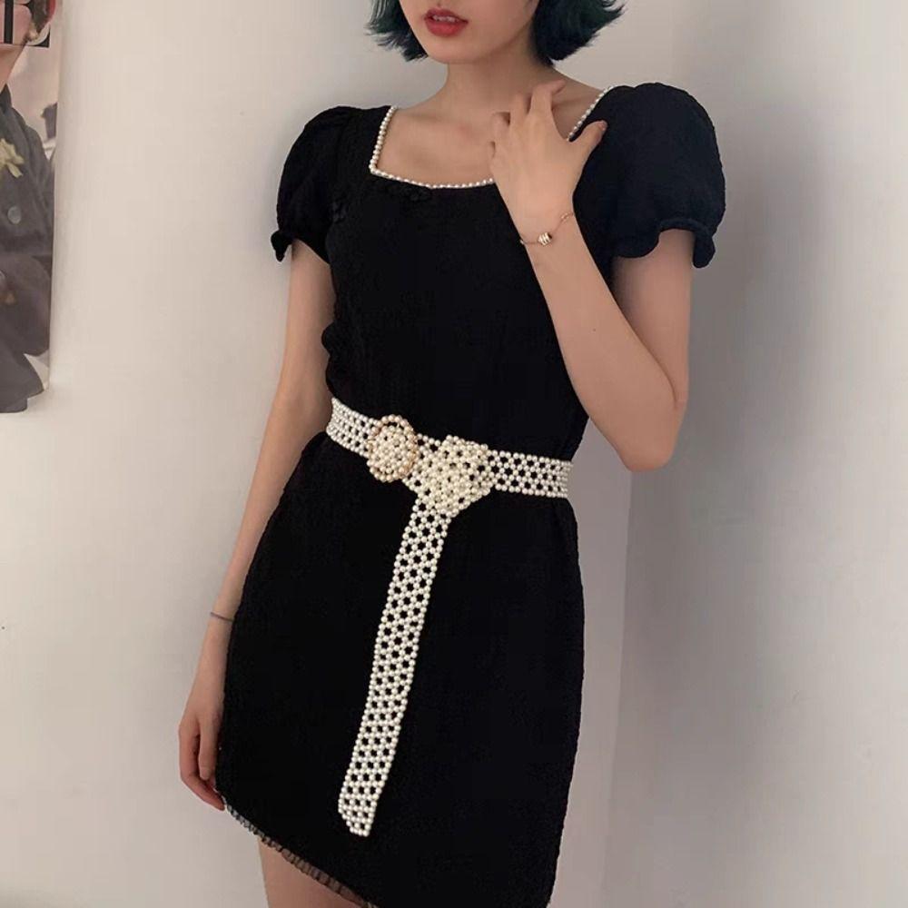 Buckle Coat Belt Elastic Band Beadeds Body Chain Elegant Pearl Waist Belt Women