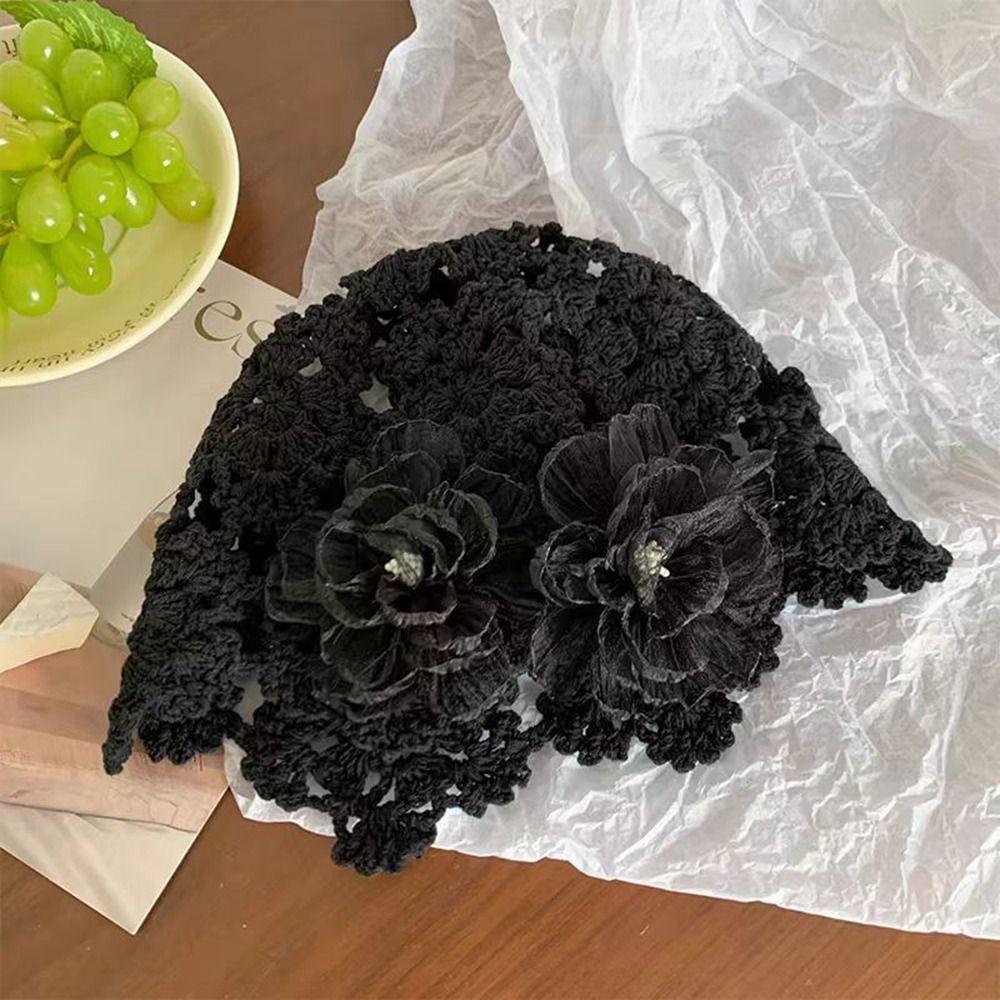 Elegant Crochet Hollow Flower Knitted Hat Hollow Out Knit Cap Casual Warm Beanies Hat  Outdoor