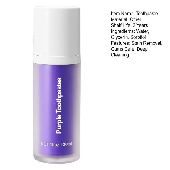 30ML Purple-color Teeth Whitening Toothpaste Teeth Stain Removal Gums Care Deep Cleaning Color Corrector Brightening Toothpaste
