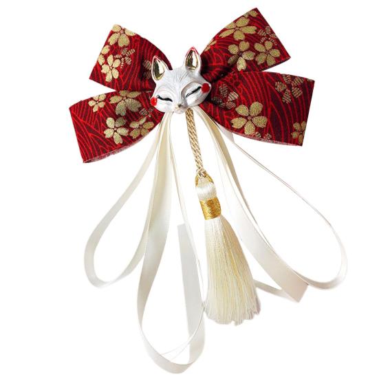 Красная заколка-бантик с кисточками и декором в виде лисы на длинной ленте для празднования китайского Нового года