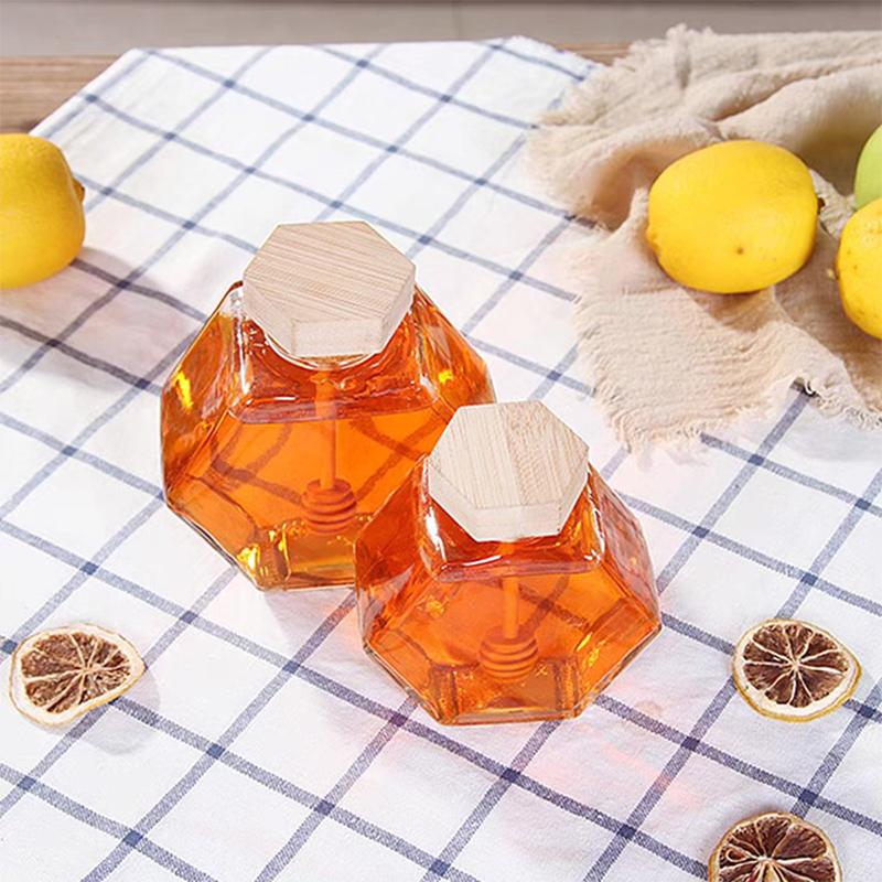Шестигранная стеклянная бутылка для меда с деревянным горшком для меда, палочкой для перемешивания, герметичная прозрачная банка для варенья, для хранения на кухне и дома, 100 мл/220 мл/380 мл