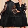 Women's Nightgown Sexy Hollow Lace Sleeves Kimono Bathrobe Dress Summer Mid-length Satin Home Dressing Gown Casual Wear