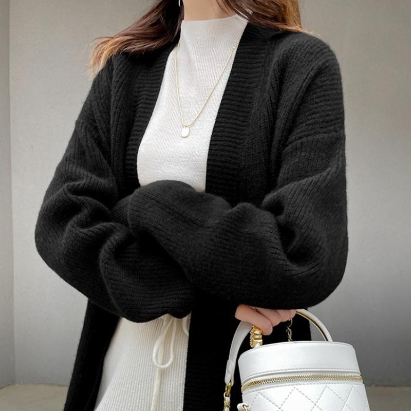 Вязаный женский кардиган осень-зима повседневный V-образный вырез средней длины пальто модный свободный однотонный офисный женский свитер