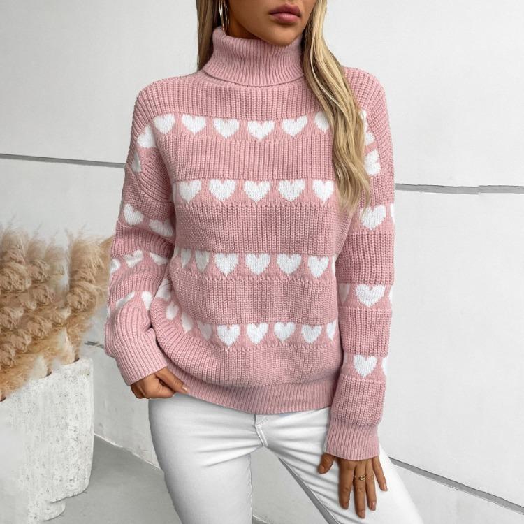 Vintage Heart Print Loose Knitwear Cardigan Stand Collar Sweater Long Sleeve Top for Autumn Winter
