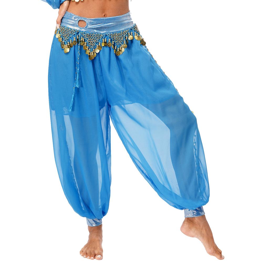 Womens Belly Dance Costume Chiffon Bloomers Plastic Beads Tassels Metallic Ruched Waistband Side Split Pants