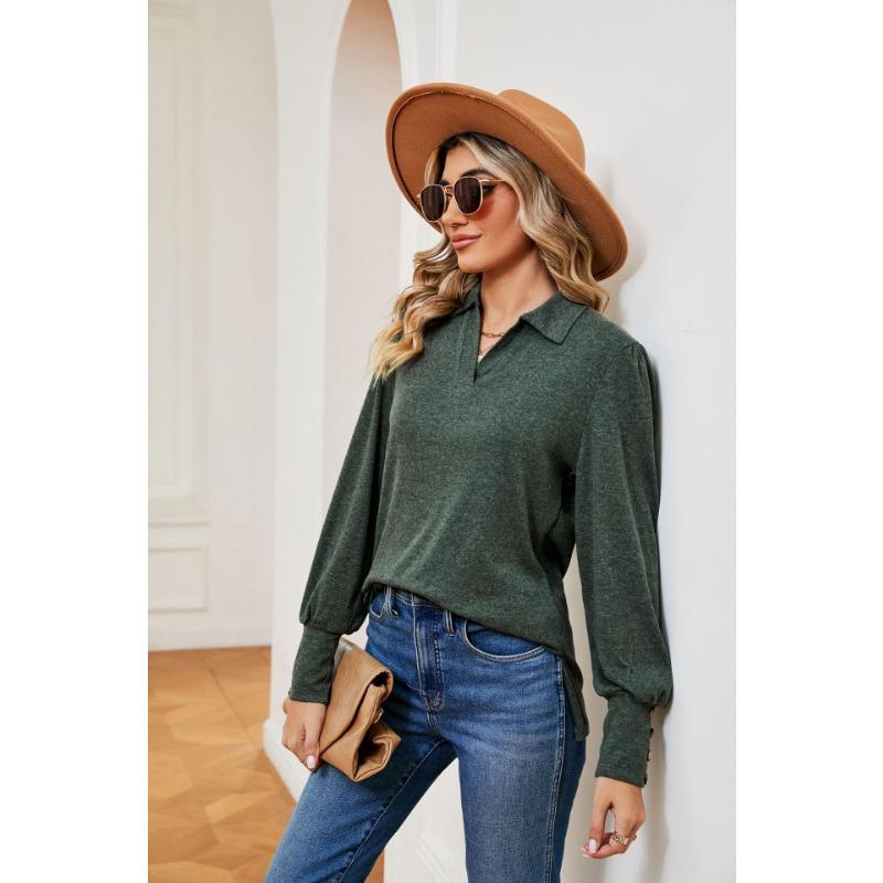 Spring and Autumn Women's Blouse Lapel Long Sleeve Button Loose Milled Long Sleeve Top
