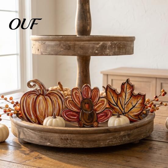 Thanksgiving Party Decor Accessories 3Pcs Wooden Block Signs, Fall Pumpkin Turkey Maple Leaf Tabletop Centerpiece for Dining Table Decor, Farmhouse