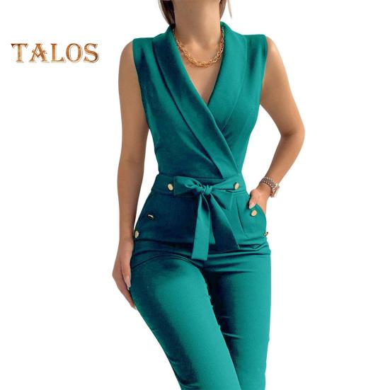 Летний женский комбинезон без рукавов с V-образным вырезом, облегающий, с пуговицами, на шнуровке, однотонный, с широкими штанинами, деловой, деловой, дорожный комбинезон