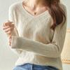Свободный однотонный вязаный свитер с v-образным вырезом, женский тонкий весенне-осенний ажурный низ с длинными рукавами, модная верхняя одежда, топ