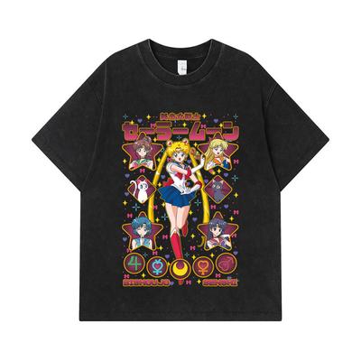 Стиранные футболки 275 г/м² 100% Хлопок Принт Sailor Moon V1 Унисекс Футболка из плотного хлопка