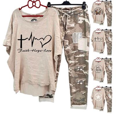 2 шт./компл. женский летний повседневный костюм с круглым вырезом и принтом, дышащая смесь хлопка, легкая спортивная одежда, женская поставка