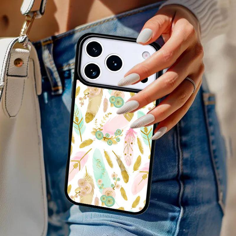Чехол для телефона с акварельным узором из перьев Для iPhone 17 Air 14 15 13 12 Max Чехол Для Apple 16e 11 Pro Max Plus Coque