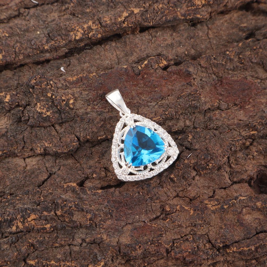 Swiss Blue Topaz Gemstone 925 Solid Silver Jewelry Zircon Pendant 0.99" For Girl CZP-8-8