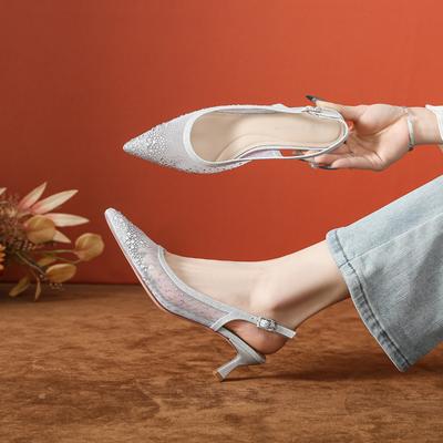 Женские сандалии на шпильке с острым носком из сетки, полностью украшенные стразами, элегантные, удобные, с открытой пяткой, на высоком каблуке, летняя обувь