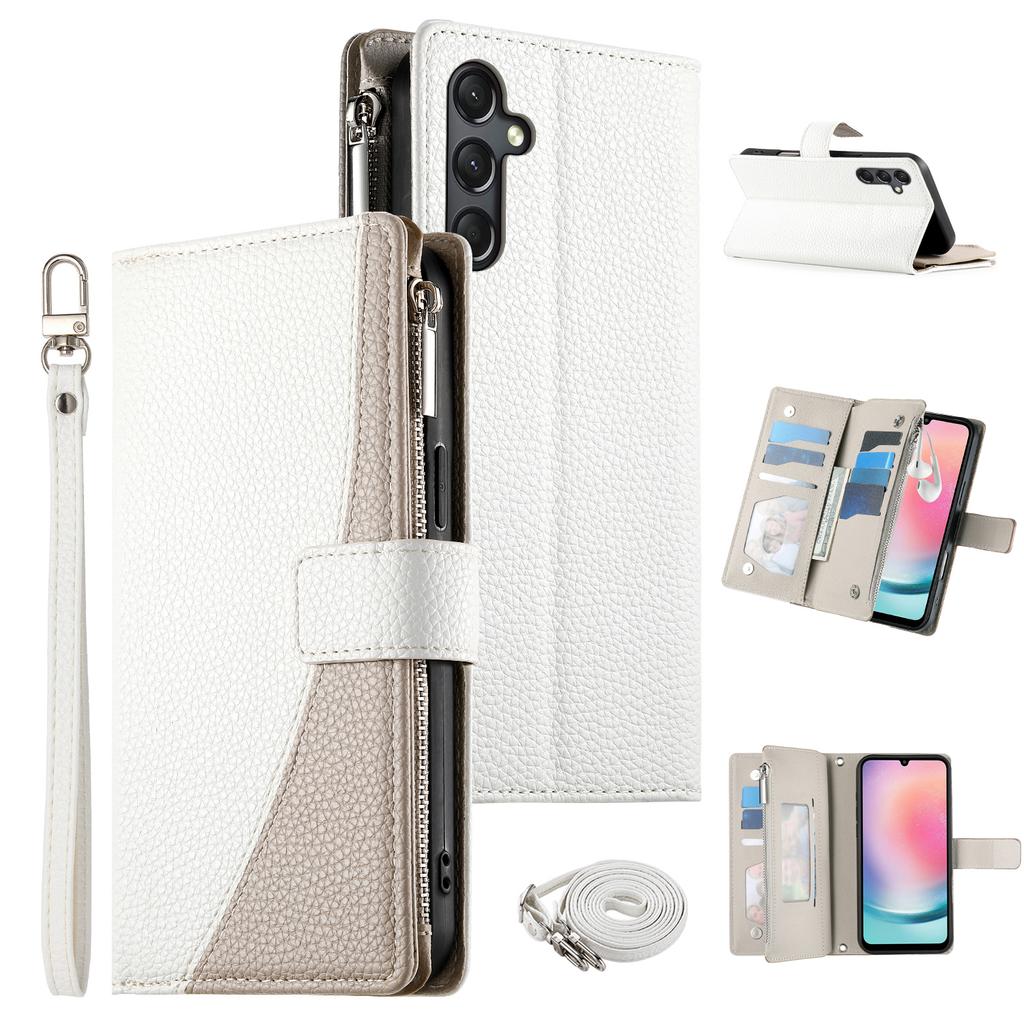 Для Samsung Galaxy A24 4G (162.1мм) Чехол-кошелек на молнии, кожаный откидной чехол для телефона с ремешками, цветная вставка