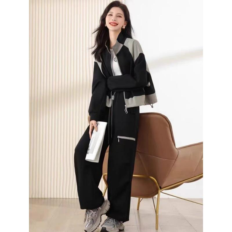 Повседневный спортивный костюм для женщин, осенний свитер на молнии, кардиган, широкие рабочие брюки, комплект из двух предметов