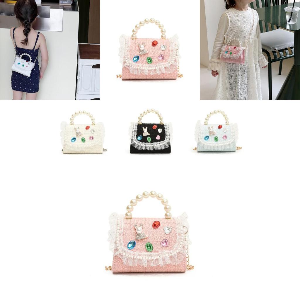 Chic And Fashionable Kids Handbag Featuring Cute Lace And Rhinestones For Girls