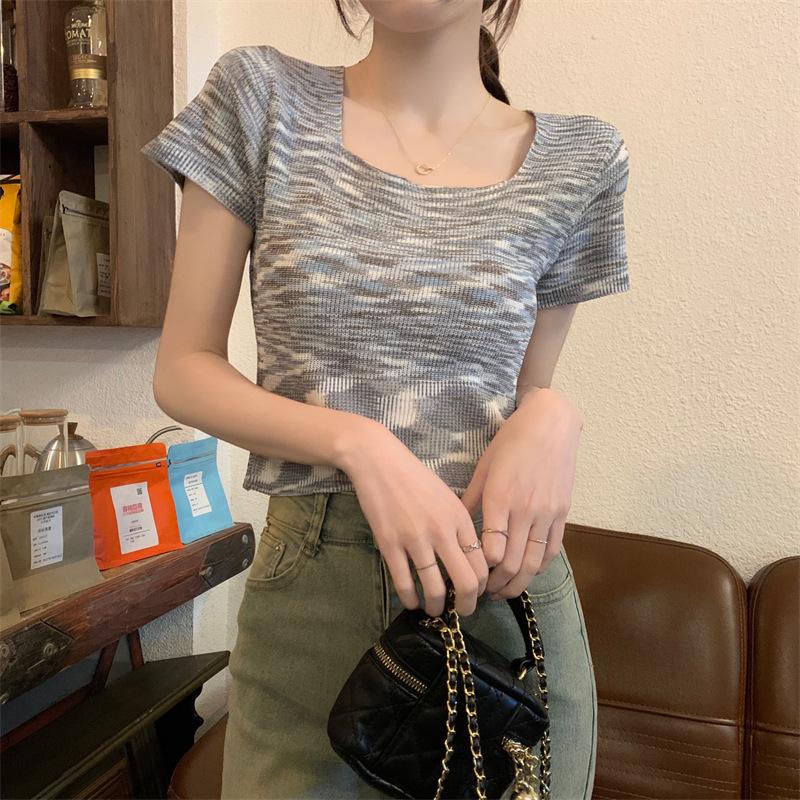 Women Summer Casual Short Sleeve Colorful Knitted Bare Midriff T Shirt Crop Top