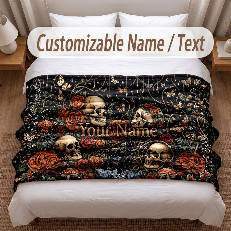 Skull Gothic Theme Soft Blanket Personalized Custom Name Text Print Warm Blanket Home Sofa Bedroom Decor