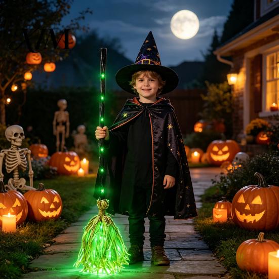 Stage Performance Equipment Halloween Witch Broom with Green LED Light, Glowing Cosplay Wizard Fluffy Straw Broomstick Broomstick, Costume Prop