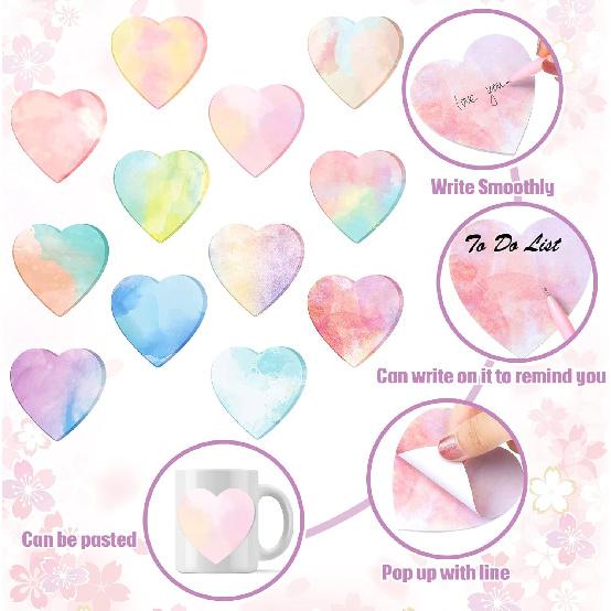 Teling 24 Pack Heart Shaped Sticky Notes Valentine's Day Sticky Notes 3 x 3 Inch Cute Fun Heart Pad Colorful Sticking Power Memo Pads for Lover