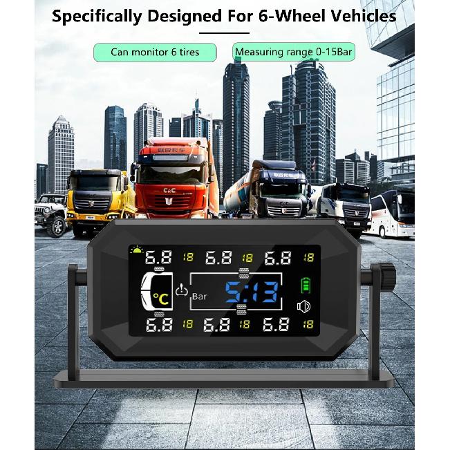 SANAN Интеллектуальная система мониторинга давления в шинах TPMS на солнечной энергии для автомобилей, автодомов, грузовиков, 8 бар, 15 бар, датчик температуры, часы, воздушная сигнализация, 6 датчиков колес
