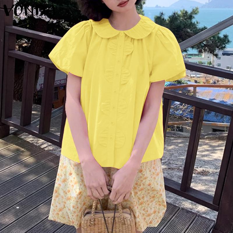 VONDA Женская блузка с короткими рукавами-буфами, застегивающаяся на пуговицы сбоку, с оборками, однотонная, повседневная
