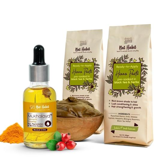 Nat Habit Ready-To-Apply Henna Paste & Turmeric Rosehip Mukhalaya - Face Oil Tan, Pigmentation & Blemish Control (Combo Pack of 3)