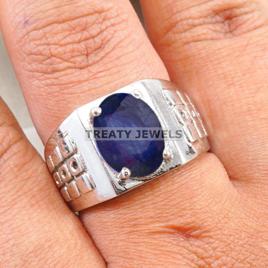 Blue Sapphire Oval Cut Gemstone With 925 Sterling Silver Ring For Men's #B621 JL375686516341
