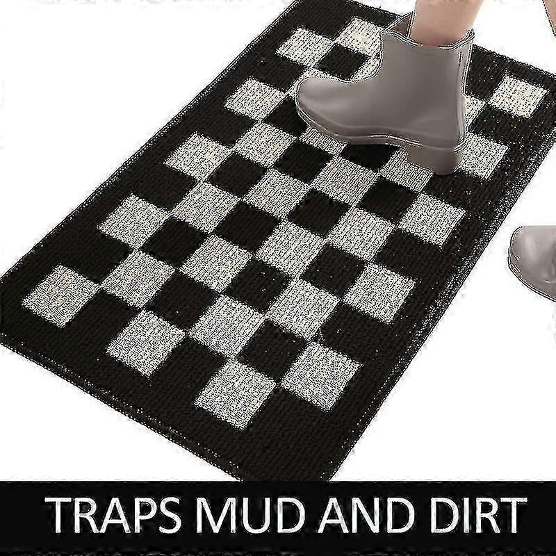 Indoor Doormat Front Door Carpet, 50cm X 80cm Non Slip Washable Checkered Bibulous Entrance Carpet, Black