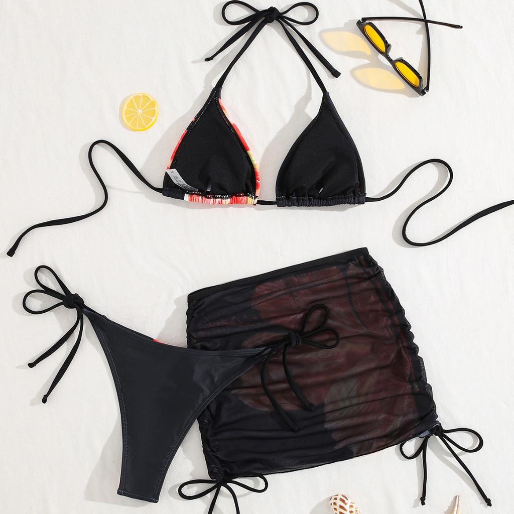 Женские купальники с принтом, халтер-шейный воротник, завязка, сетчатый, со шнурком, комплект бикини из трех частей, пляжная одежда, купальные костюмы