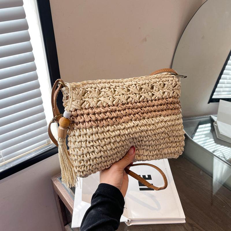 Yogodlns Женская летняя пляжная сумка через плечо с выемкой, большая вместимость, плетеная соломенная дорожная сумка с регулируемым ремешком, сумка через плечо