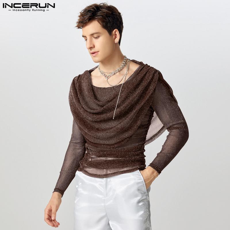 INCERUN Мужские топы с длинным рукавом и оборками из блестящей сетки для вечеринок и клубов, футболки